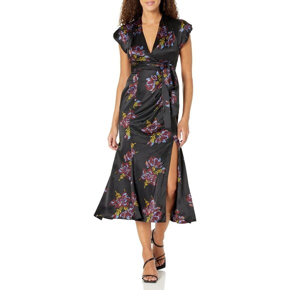 Cinq a Sept Women's Neila Silk Floral Tie Waist Midi Dress Black Blue Size 2 - Picture 1 of 9